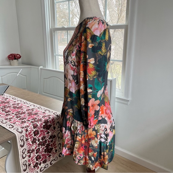 Anthropologie Meadow Rue 🌾 Colorful Flower Print Pleated Keyhole Back Tunic Top - Picture 2 of 16